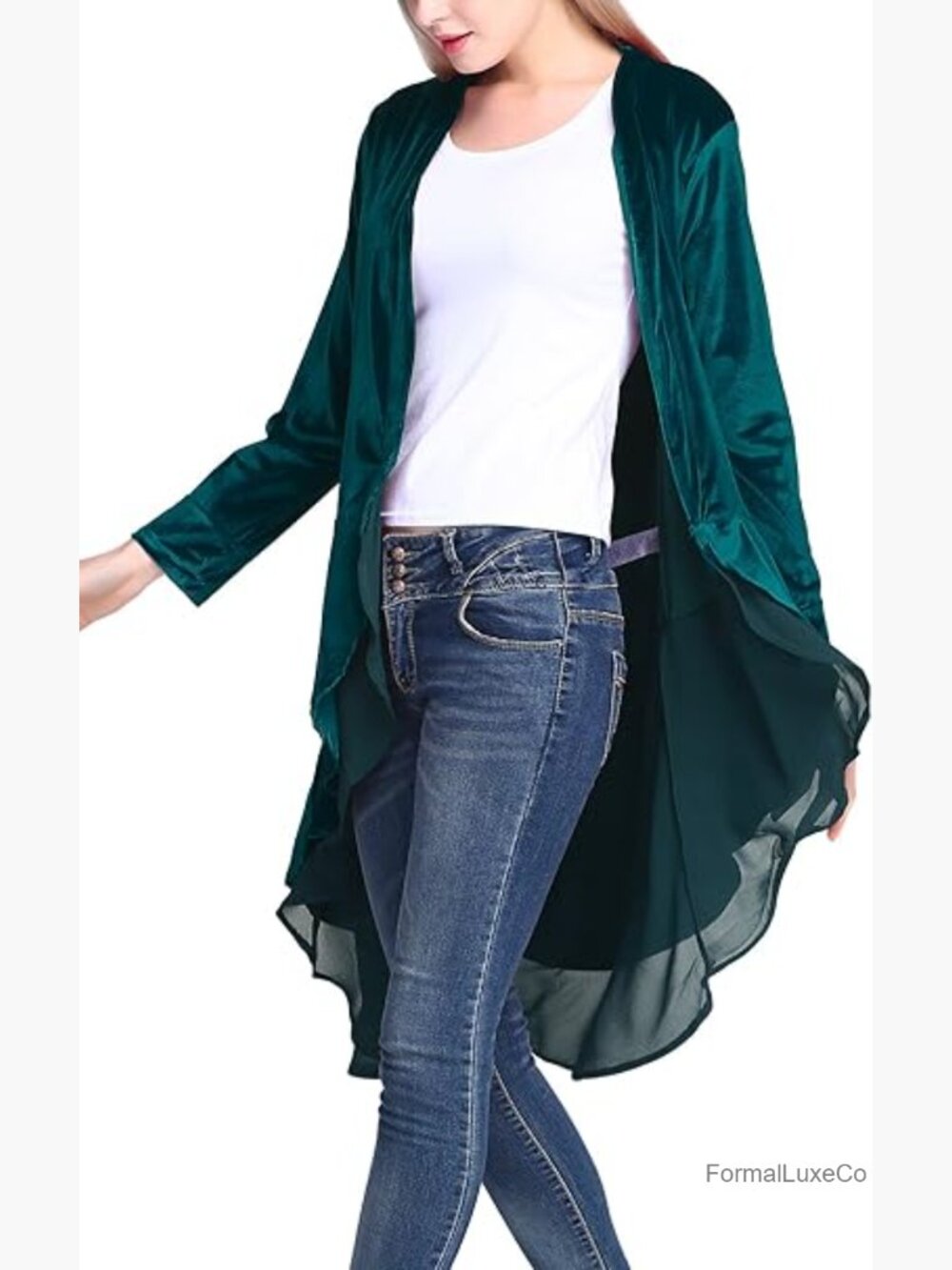 Long Sleeve Velvet Cardigan Coat with Asymmetric Chiffon Hem